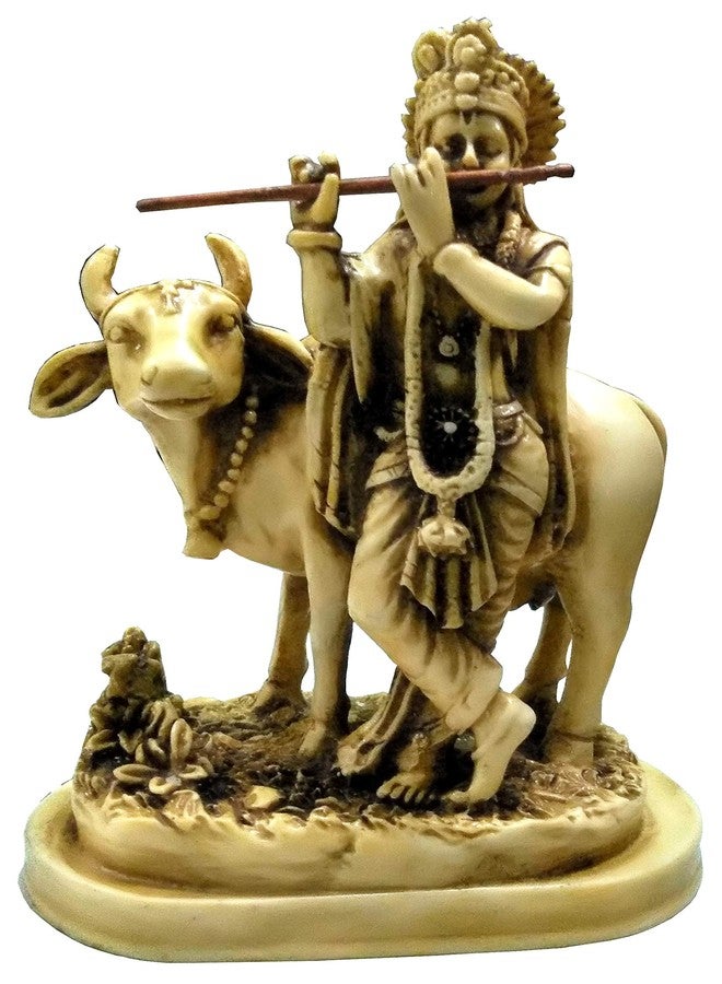 Purpledip Resin Idol Lord Krishna with Cow: Stone Finish Statue for Home Temple (11645) - Image 3